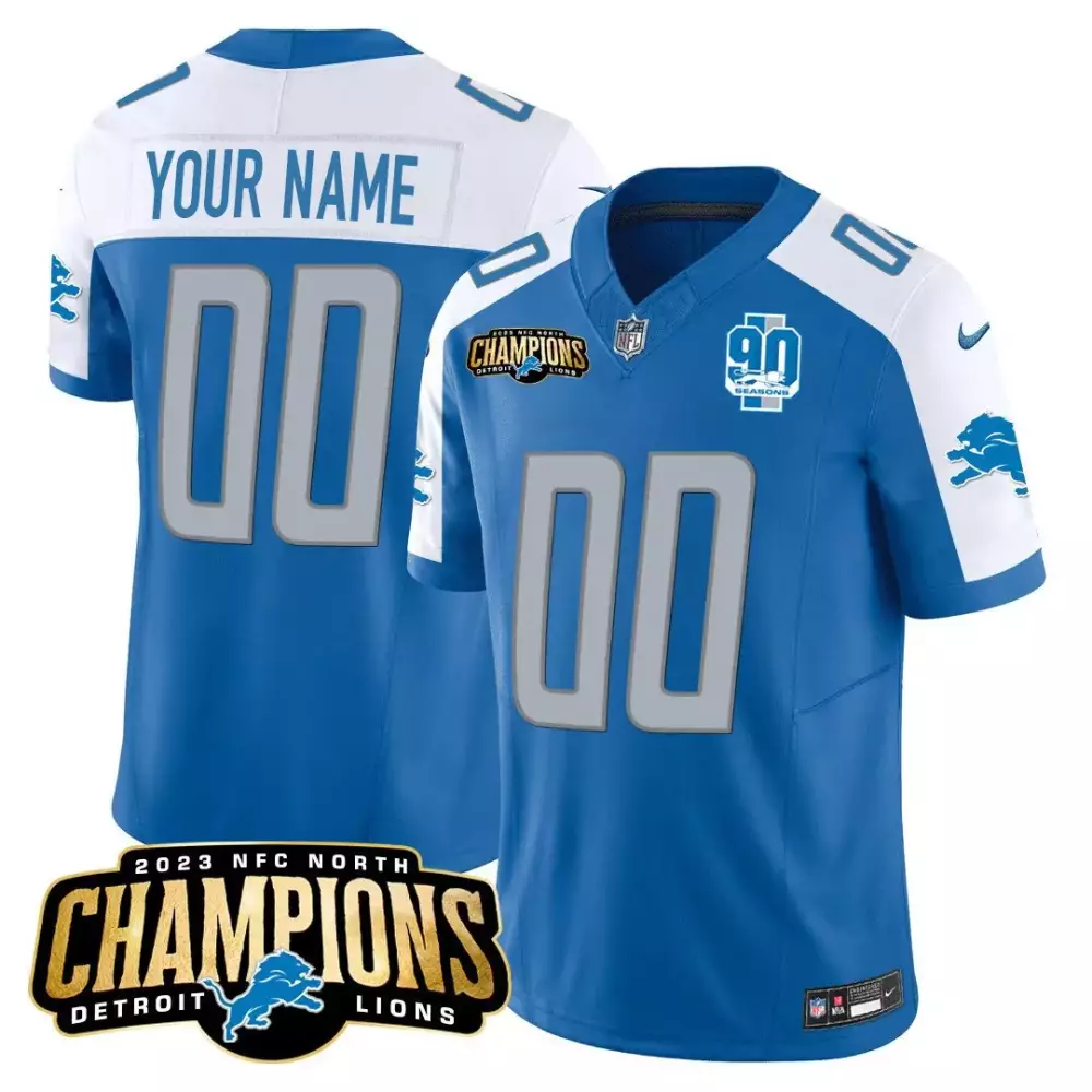 Custom Detroit Lions Jersey Blue 90 Seasons 2023 NFC North Champions Men Standard