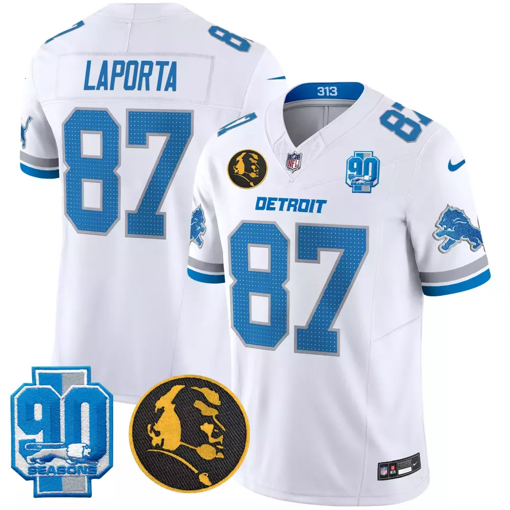 Sam Laporta 87 Detroit Lions Jersey White 90th Anniversary 90 Seasons Head 2022 Men