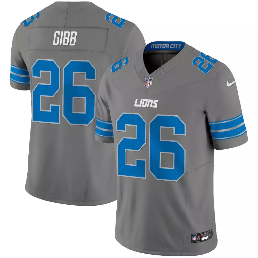 Jahmyr Gibbs 26 Lions Jersey Grey Men Player Blue White Vapor Limited All Stitched