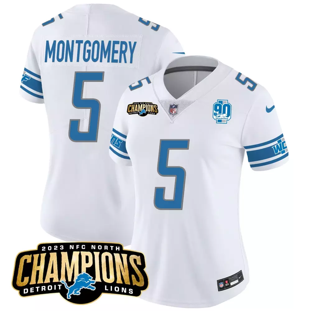 David Montgomery 5 Detroit Lions Jersey White 2023 NFC North Champions 90 Seasons