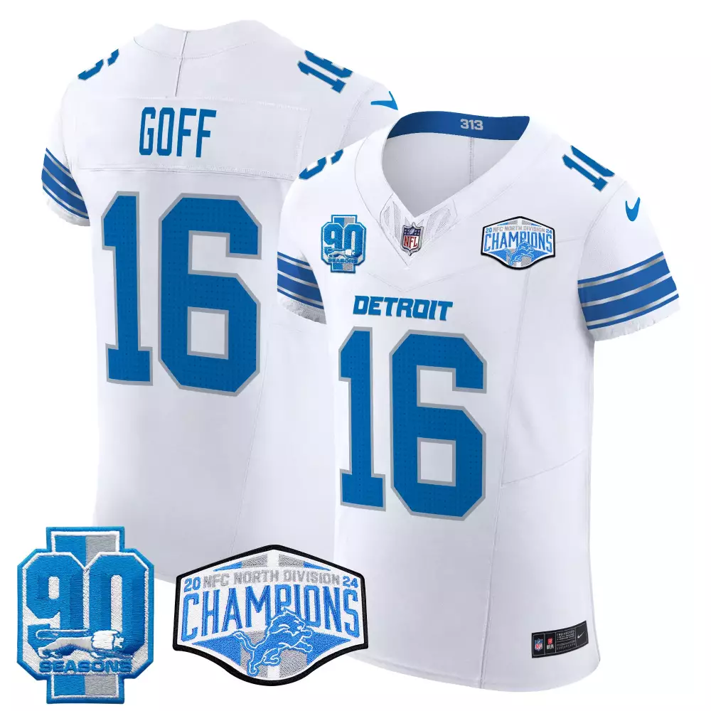 Jared Goff 16 Detroit Lions Jersey White 90 Seasons Men Game Blue Silver Vapor Elite