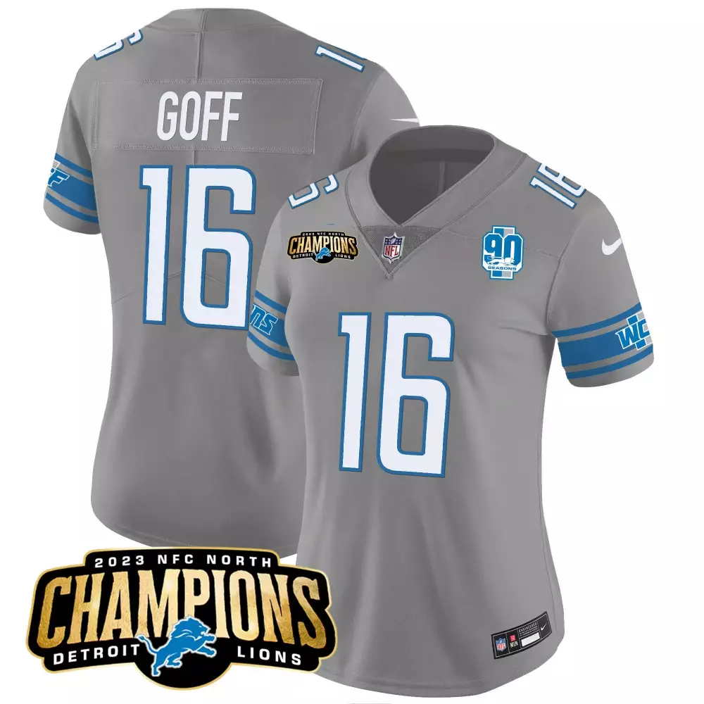 Jared Goff 16 Detroit Lions Jersey Gray 2023 NFC North Champions 90 Seasons Men NFL