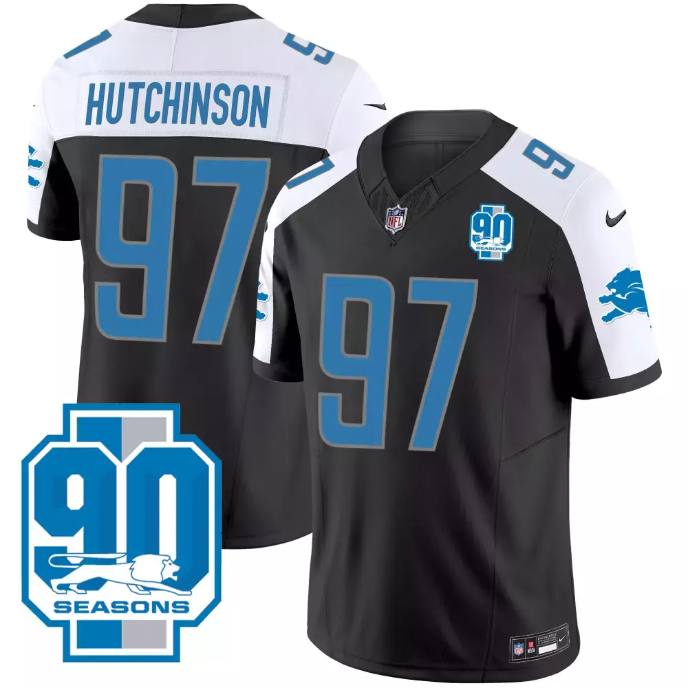 Hutchinson Year 97 Detroit Lions Jersey Black 90 Seasons Men Alternate White Blue