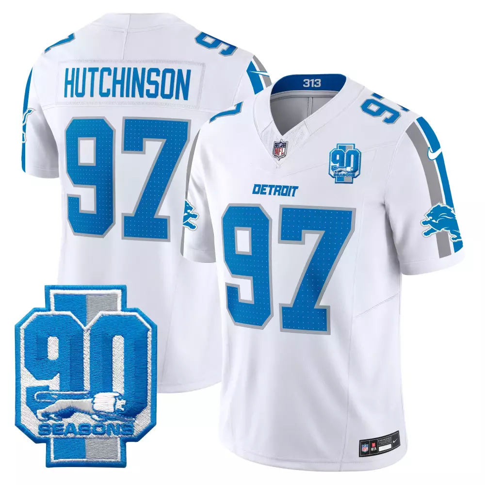 Hutchinson Year 97 Detroit Lions Jersey White 90 Seasons Men Standard Alternate Blue