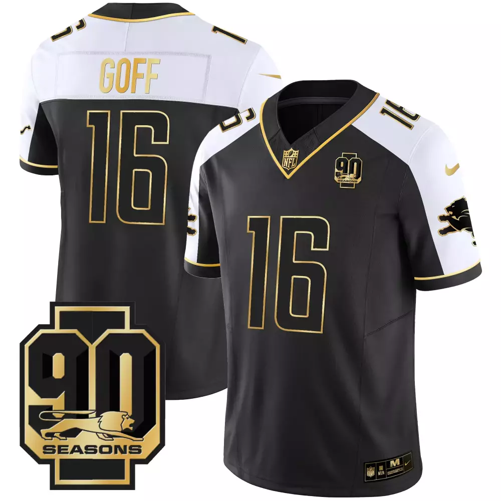 Jared Goff 16 Lions Jersey Black 90th Season 90 Seasons Men NFL Alternate White Gold