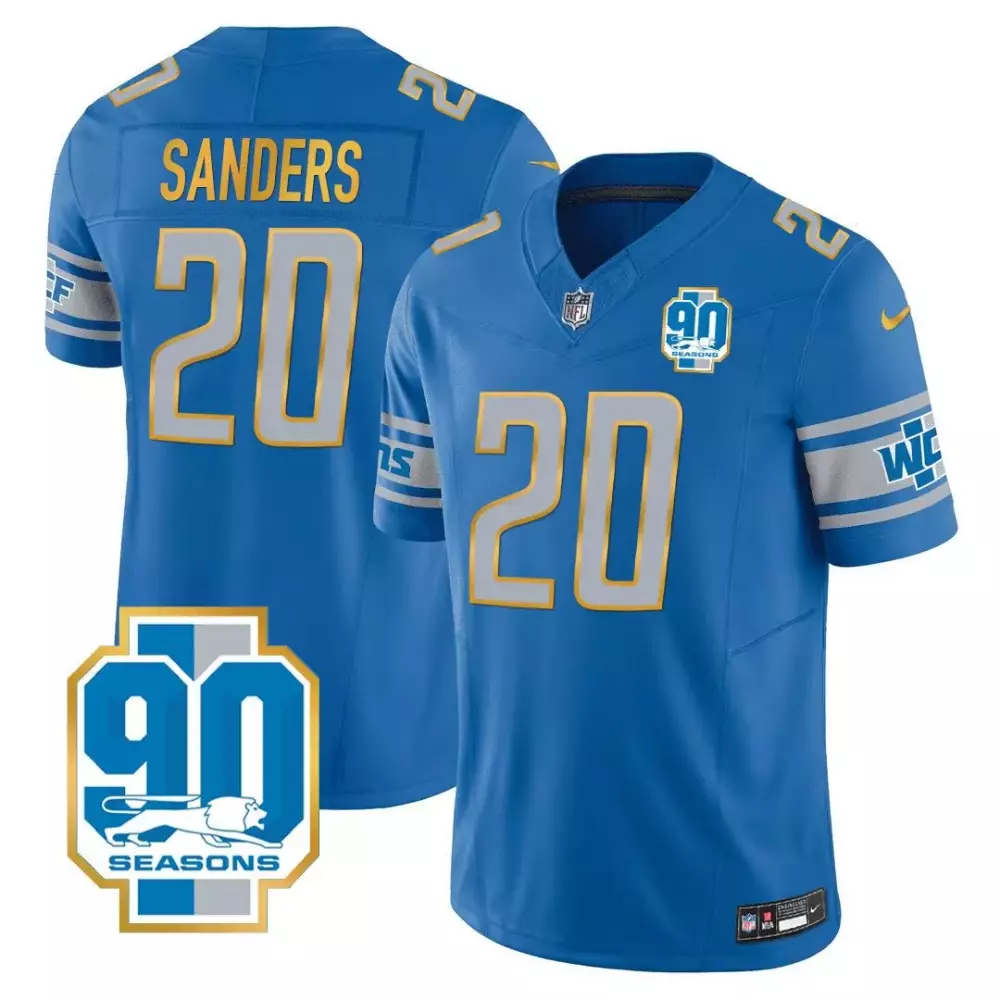 Barry Sanders 20 Lions Jersey Blue 90 Seasons Men Authentic Silver Gold All Stitched