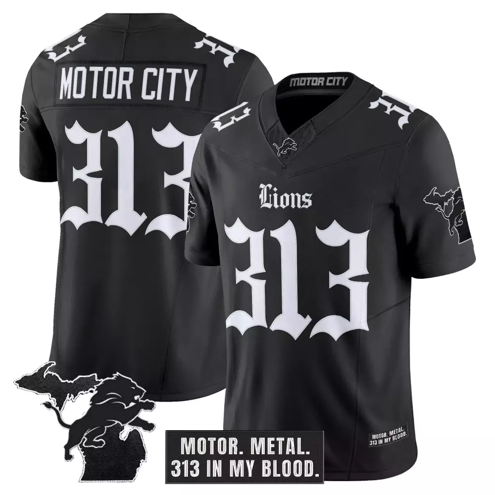 Motor City Lions Jersey Black 313 Michigan Outline Lion Detroit Men White Vapor Stitched