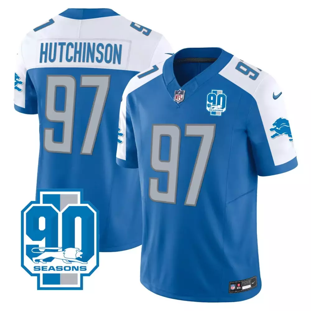 Aidan Hutchinson 97 Lions Jersey Blue 90 Seasons Men White Grey All Stitched Vapor