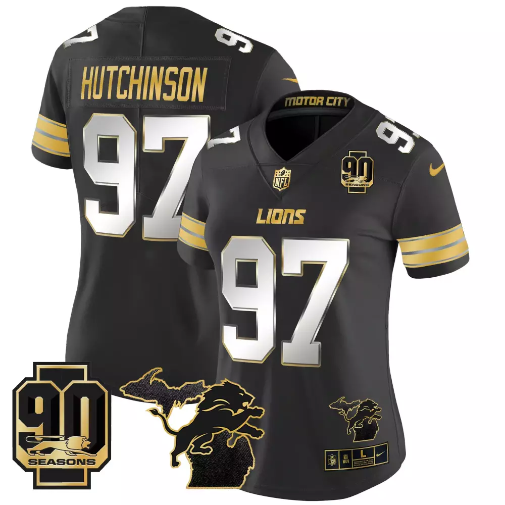 Hutchinson Year 97 Lions Jersey Black 90th Anniversary 90 Seasons Men Gold Silver