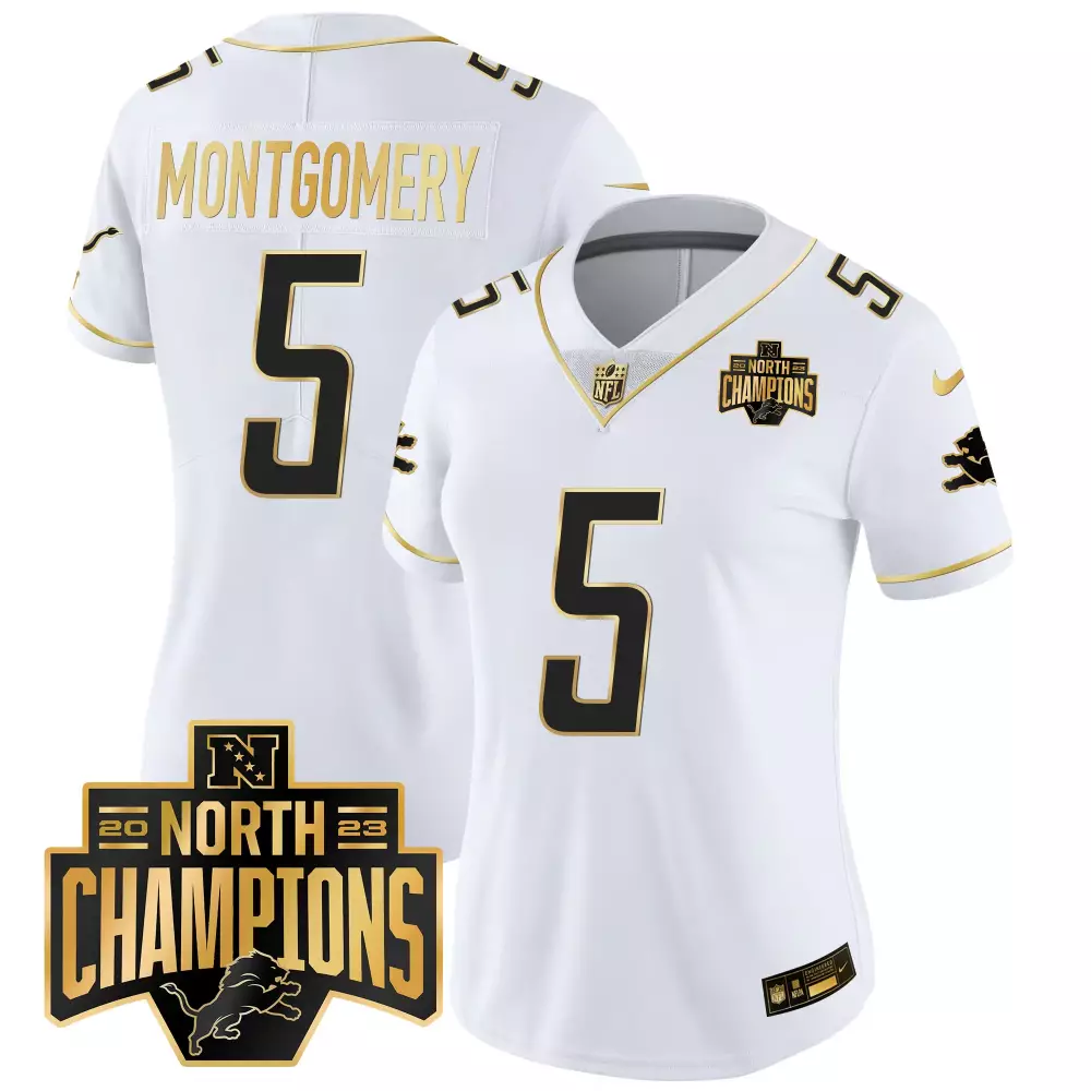 David Montgomery 5 Detroit Lions Jersey White 2023 North Champions Men Black Gold