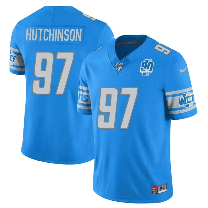 Aidan Hutchinson 97 Lions Jersey Blue 90 Seasons Men Silver White Vapor v2 All Stitched