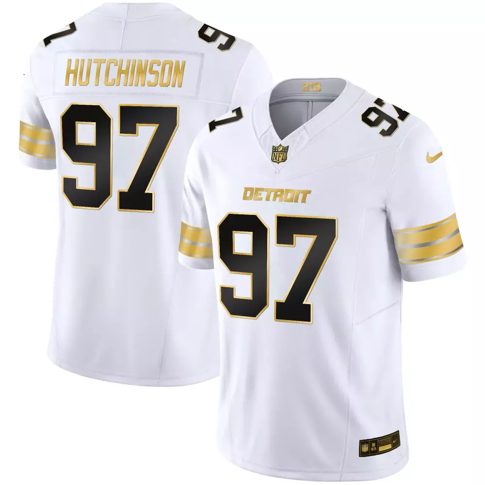 Aidan Hutchinson 97 Detroit Lions Jersey White Men Alternate Black Gold Stitched