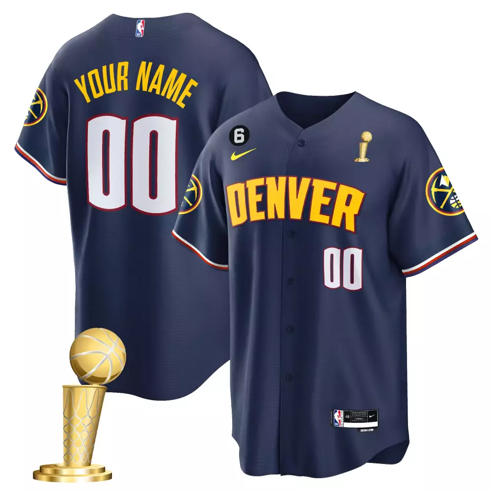 Custom Denver Nuggets Jersey Navy Blue Championship Edition Larry O'brien Trophy