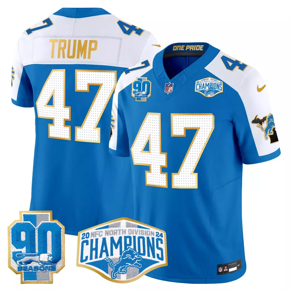 Donald Trump 47 Lions Jersey Blue 90 Seasons Men White Gold Alternate Vapor Limited