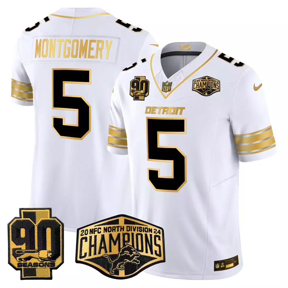 David Montgomery 5 Detroit Lions Jersey White 2024 NFC North Division Champions 90 Seasons