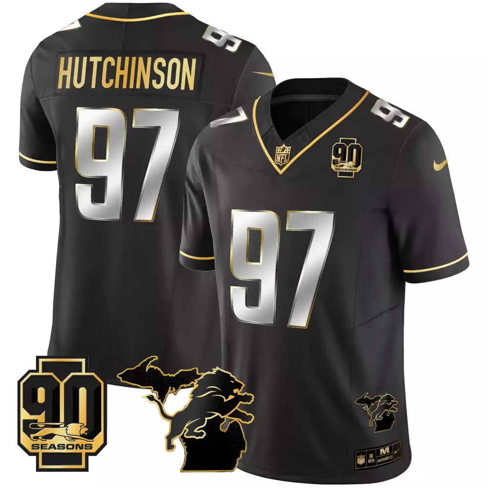 Aidan Hutchinson 97 Lions Jersey Black 90th Season 90 Seasons 2022 Men Gold Silver