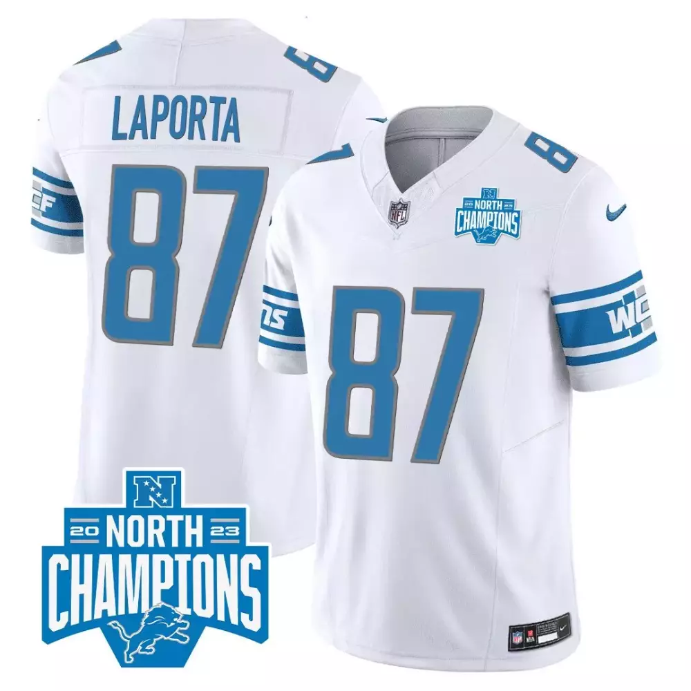 Sam Laporta 87 Detroit Lions Jersey White 2023 North Champions Men NFL Blue Silver