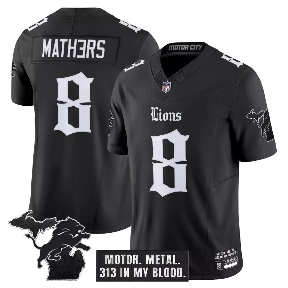 Mathers Motor 8 Lions Jersey Black City Michigan Shape Lion Men Player White Vapor