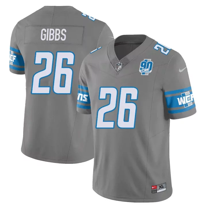 Jahmyr Gibbs 26 Lions Jersey Gray 90th Season 90 Seasons Men Blue White Vapor v2