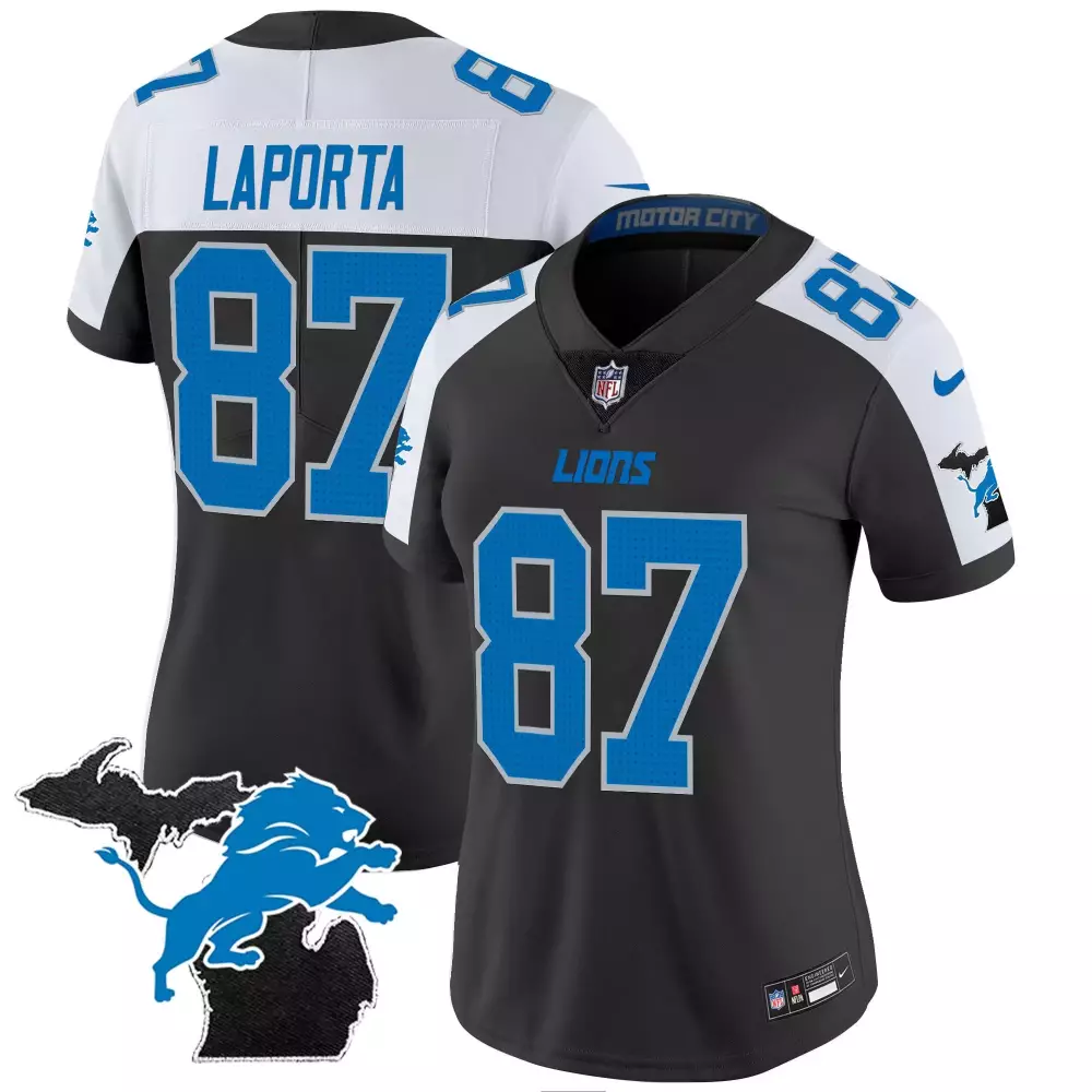 Sam Laporta 87 Lions Jersey Black Motor City Women Alternate Split Design White Blue