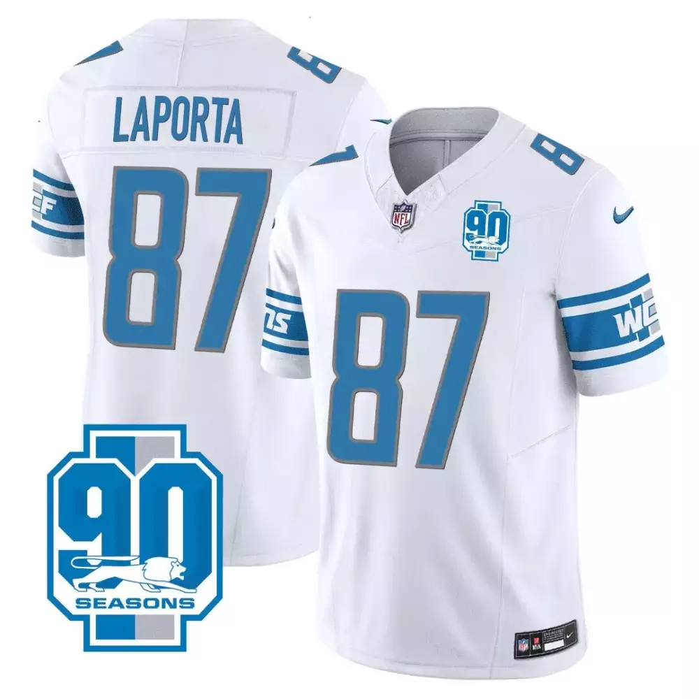 Sam Laporta 87 Detroit Lions Jersey White 90 Seasons Men Standard Blue Gray All Stitched