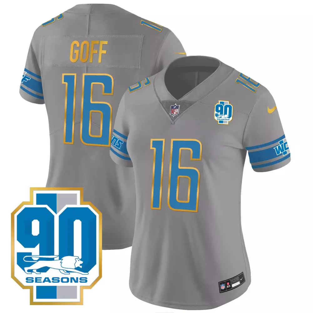 Jared Goff 16 Lions Jersey Gray 90 Seasons Men Standard Blue Gold All Stitched Vapor