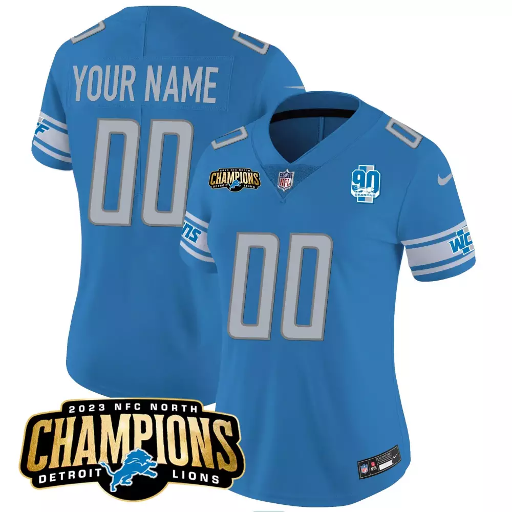 Custom Detroit Lions Jersey Blue 2023 NFC North Champions 90 Seasons Men White Silver
