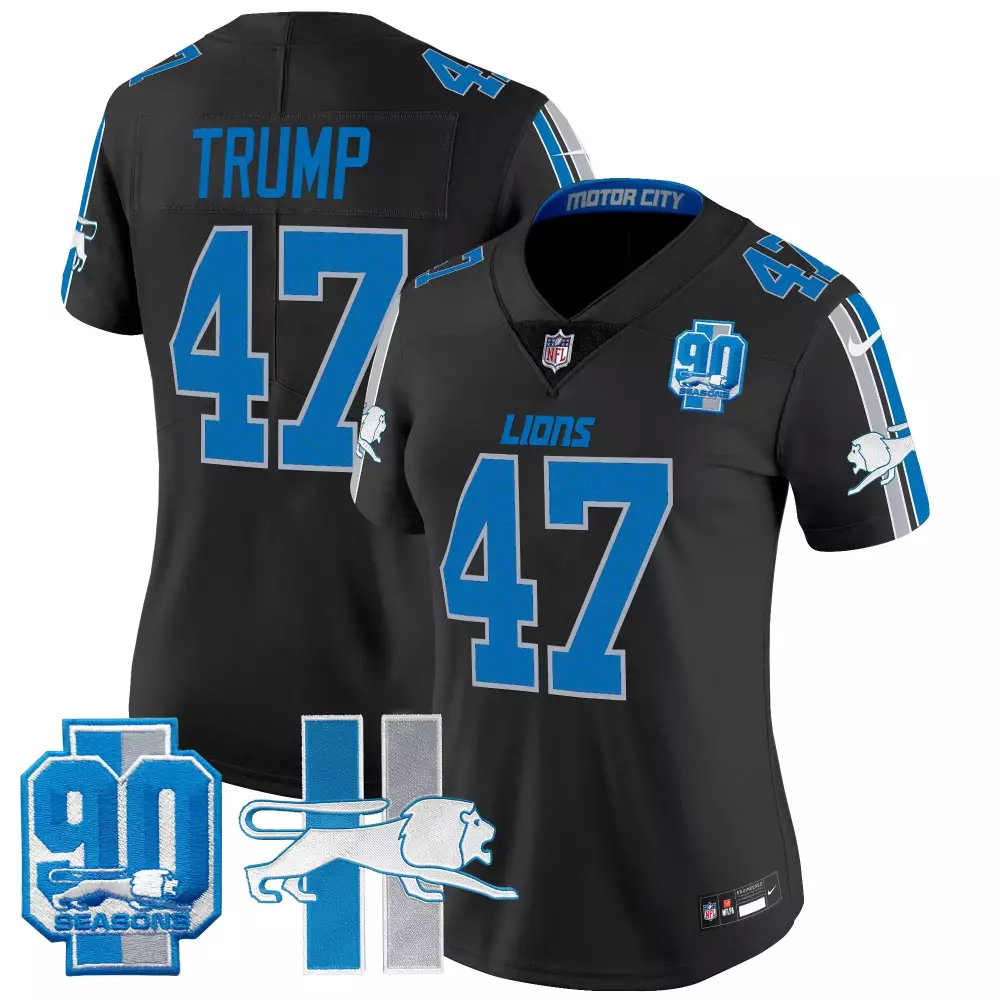 Donald Trump 47 Lions Jersey Black 90 Seasons Motor City Men Player Blue Silver Throwback