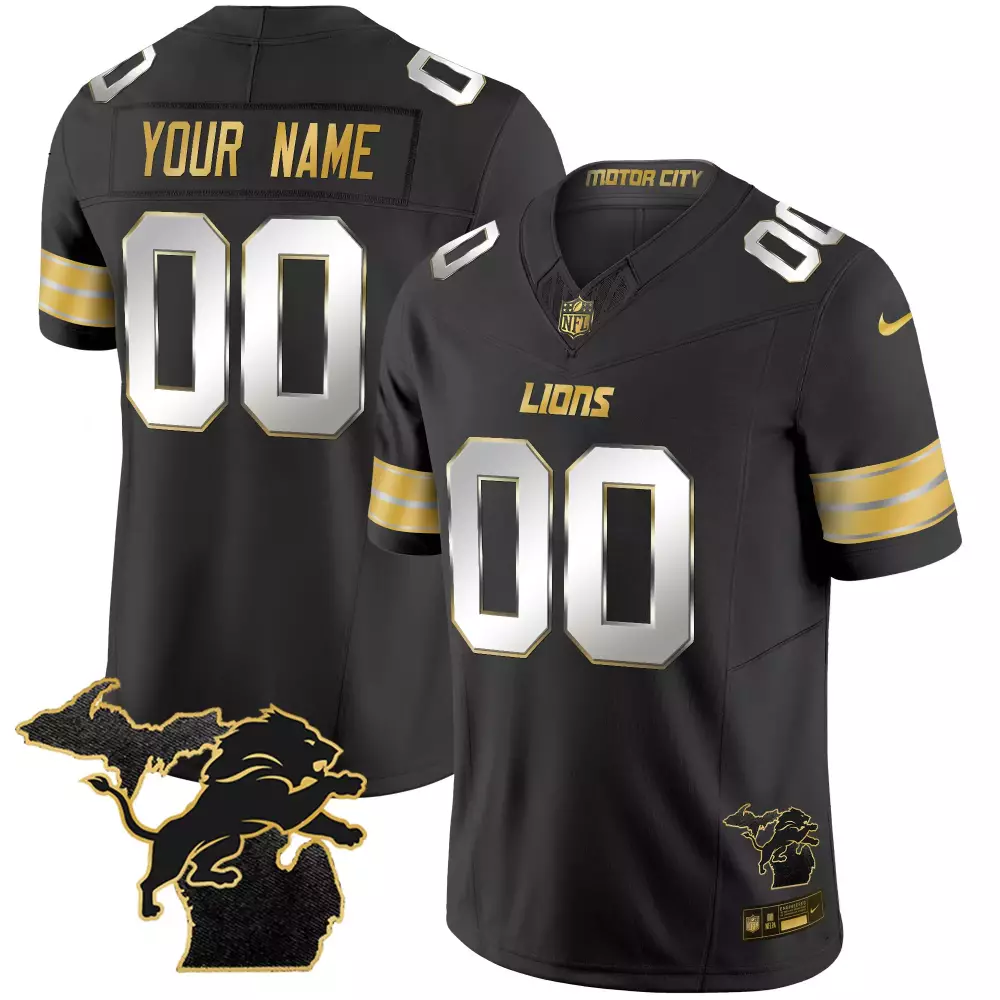 Custom Lions Jersey Black Motor City Gold Silver Stitched
