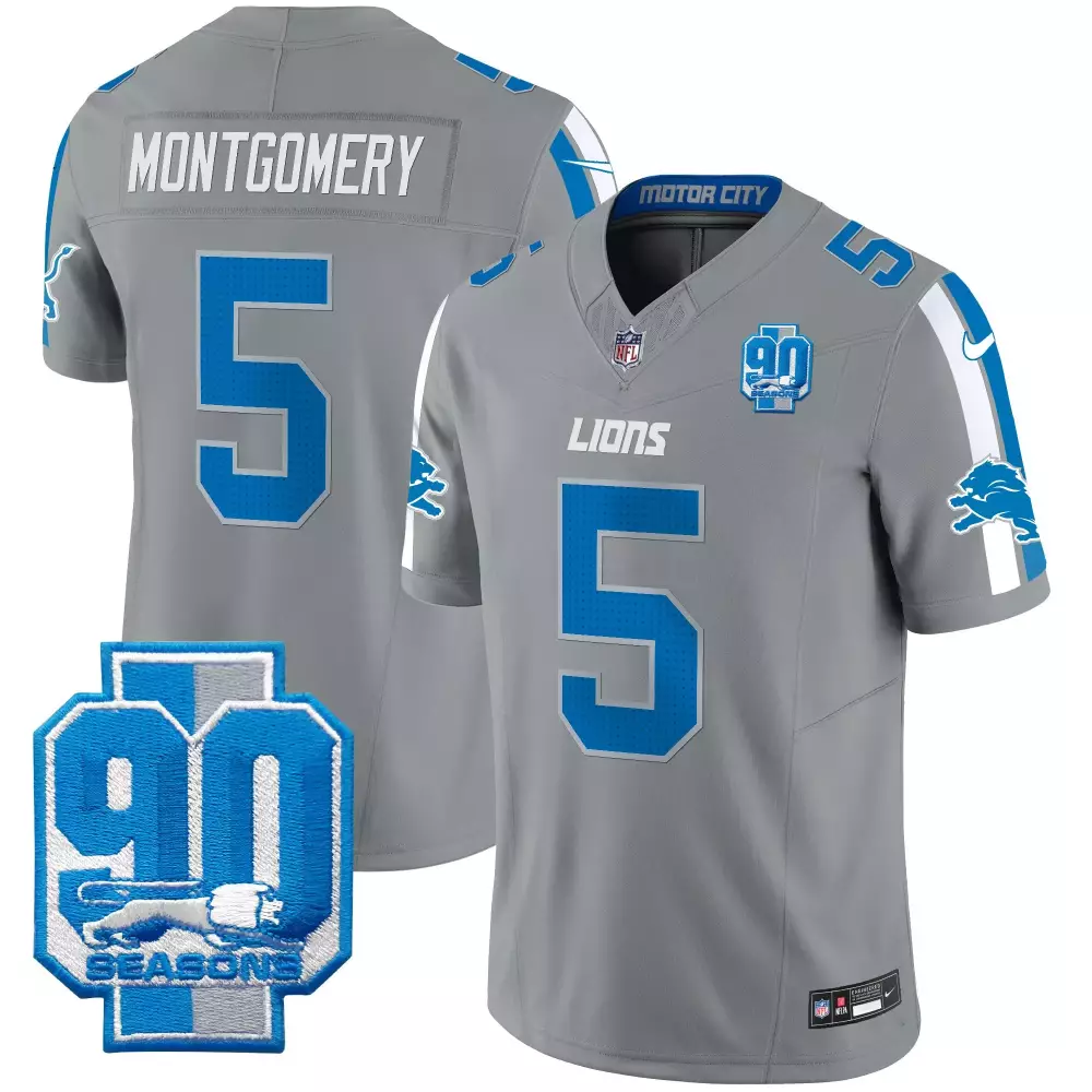 Montgomery 5 Lions Jersey Gray 90 Seasons Men NFL Blue White All Stitched Vapor