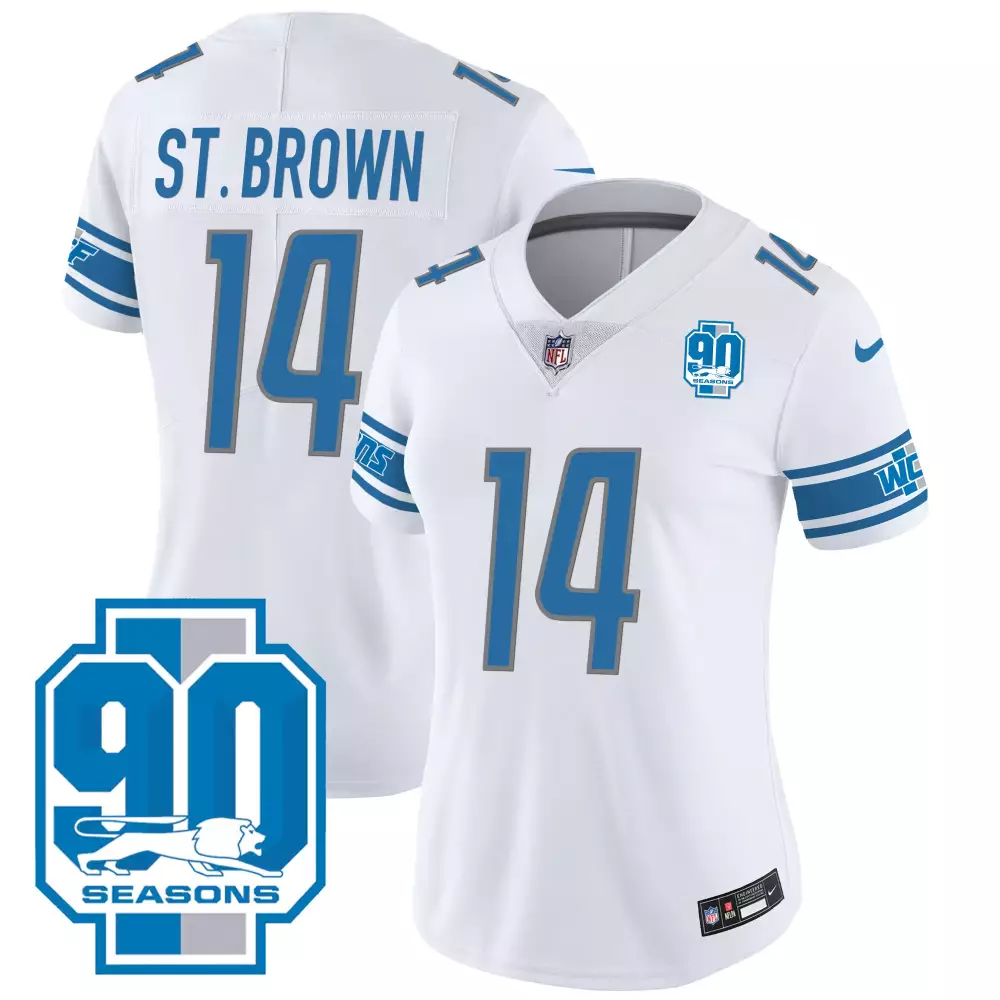 St Year 14 Lions Jersey White 90 Seasons Men Blue Silver All Stitched Vapor
