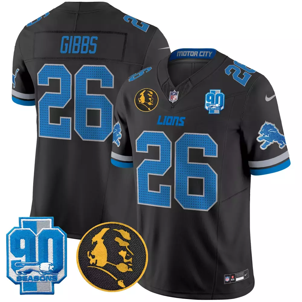 Jahmyr Gibbs 26 Lions Jersey Black 90th Season 90 Seasons Lion Head 2023 Men NFL