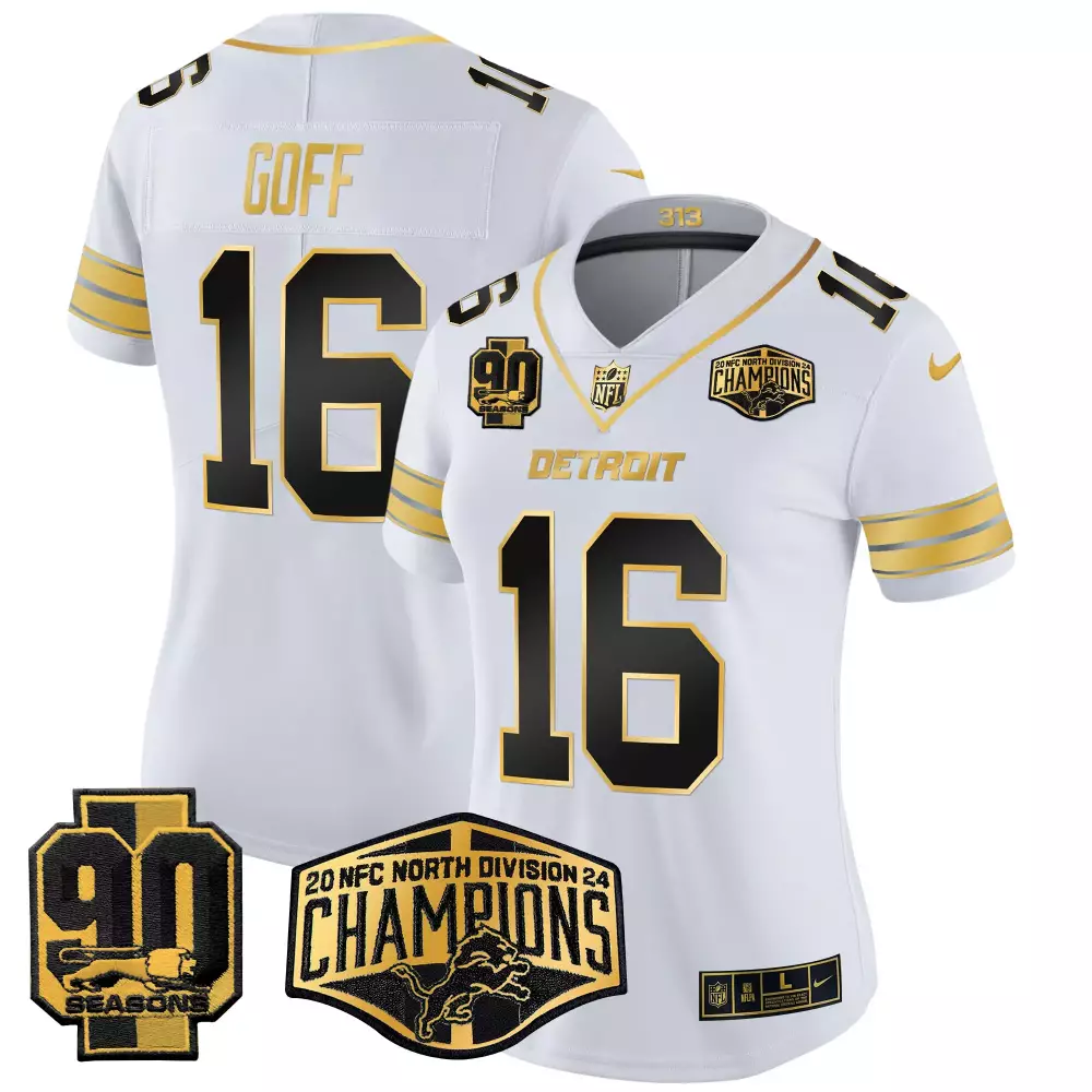 Jared Goff 16 Detroit Lions Jersey White 90 Seasons Men Authentic Gold Black Vapor