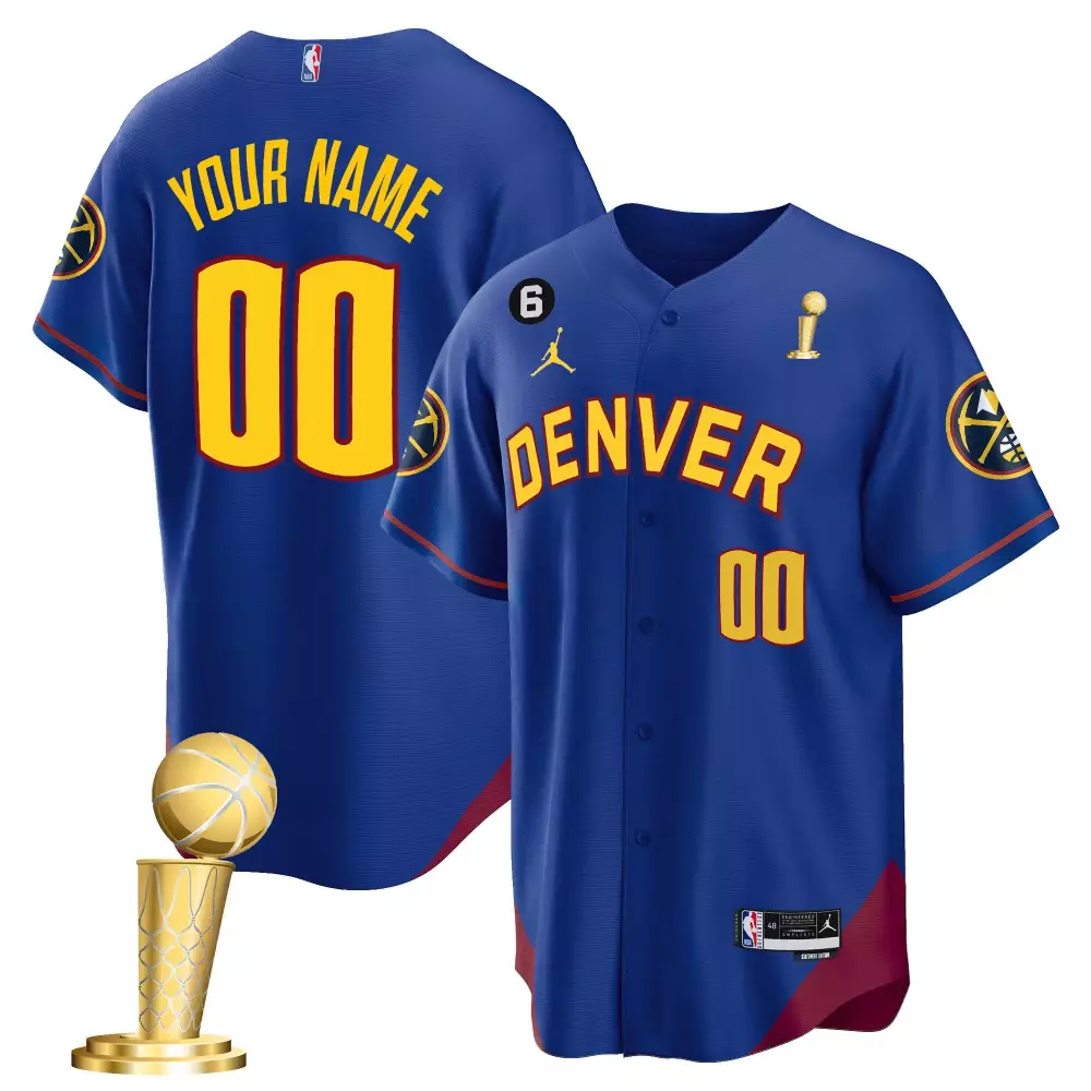 Custom Denver Nuggets Jersey Blue NBA Championship Trophy Men Yellow Red Cool Base