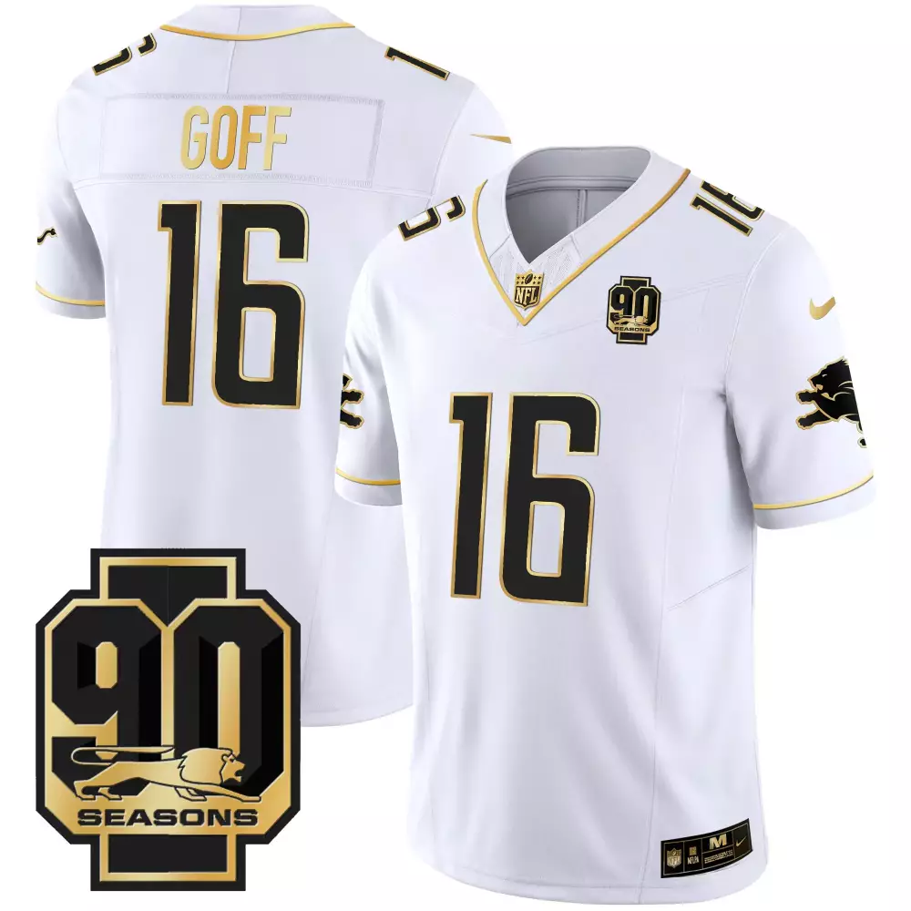 Jared Goff 16 Lions Jersey White 90 Seasons Men Alternate Black Gold All Stitched