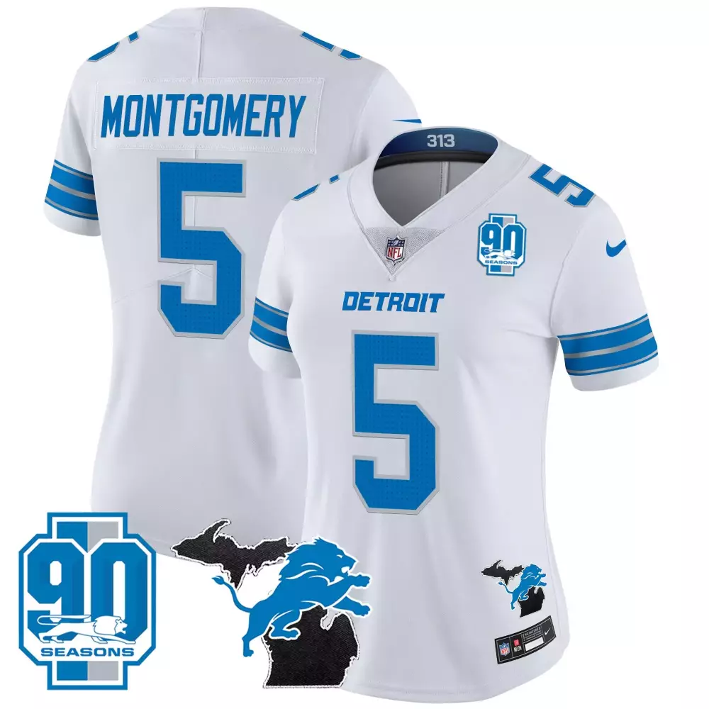 David Montgomery 5 Detroit Lions Jersey White 90th Season Men Authentic Blue Silver
