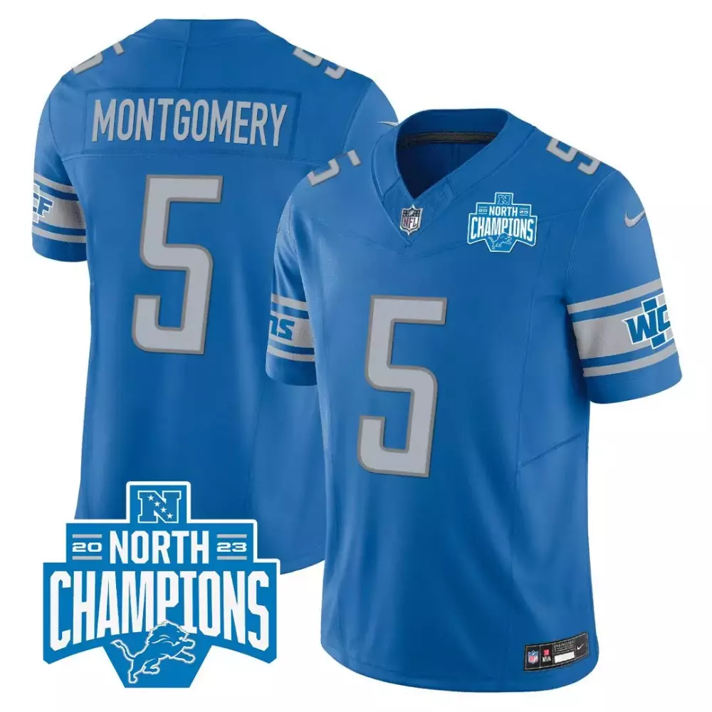 David Montgomery 5 Detroit Lions Jersey Blue 2023 North Champions Men Silver White