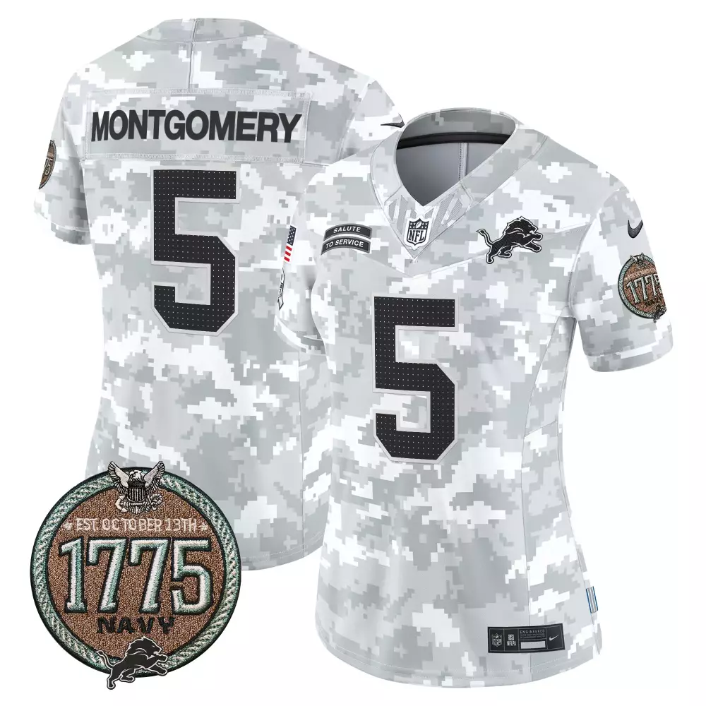 David Montgomery 5 Detroit Lions Jersey White Salute To Service 1775 Navy Men NFL