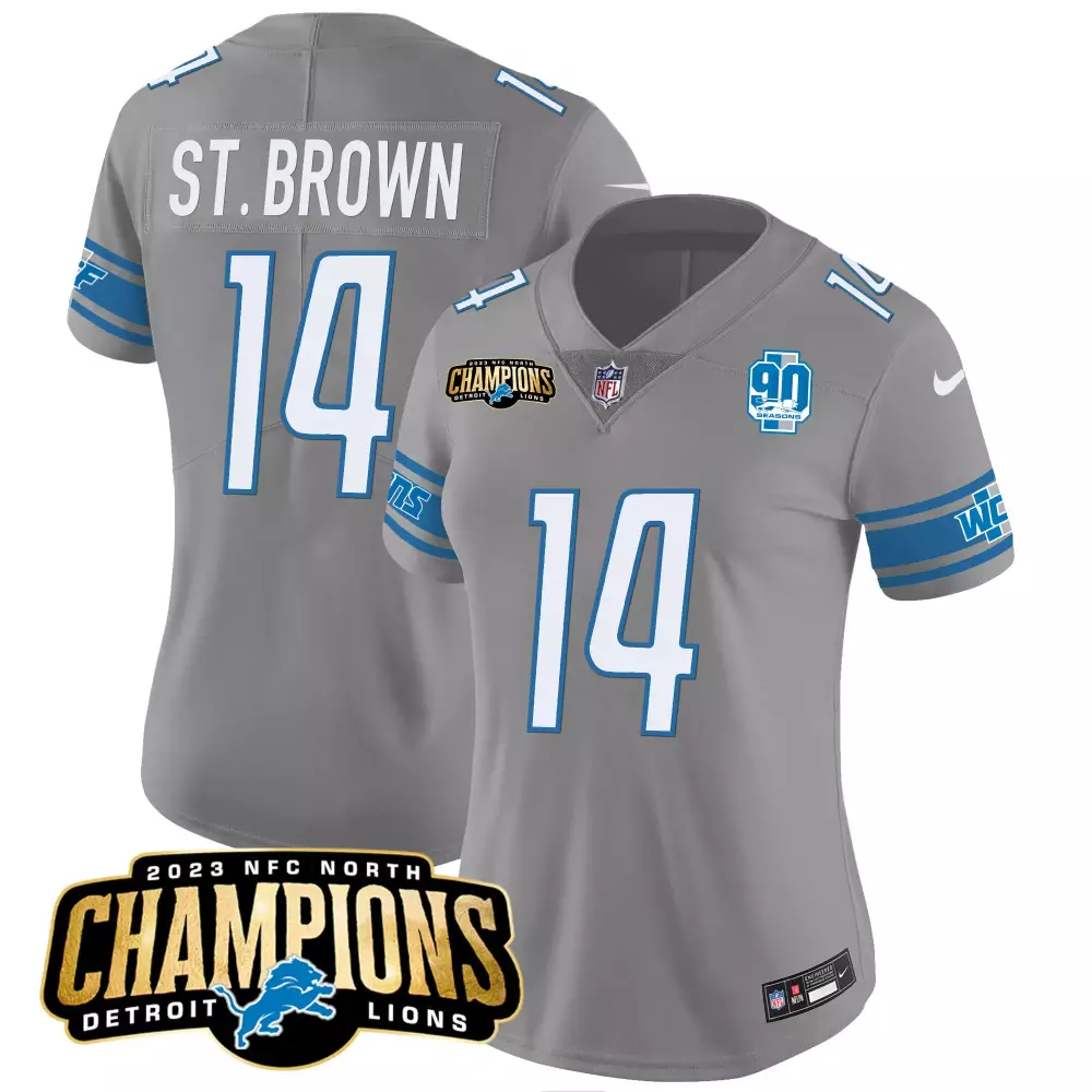 Amon-ra St. 14 Detroit Lions Jersey Gray 2023 NFC North Champions 90 Seasons Men