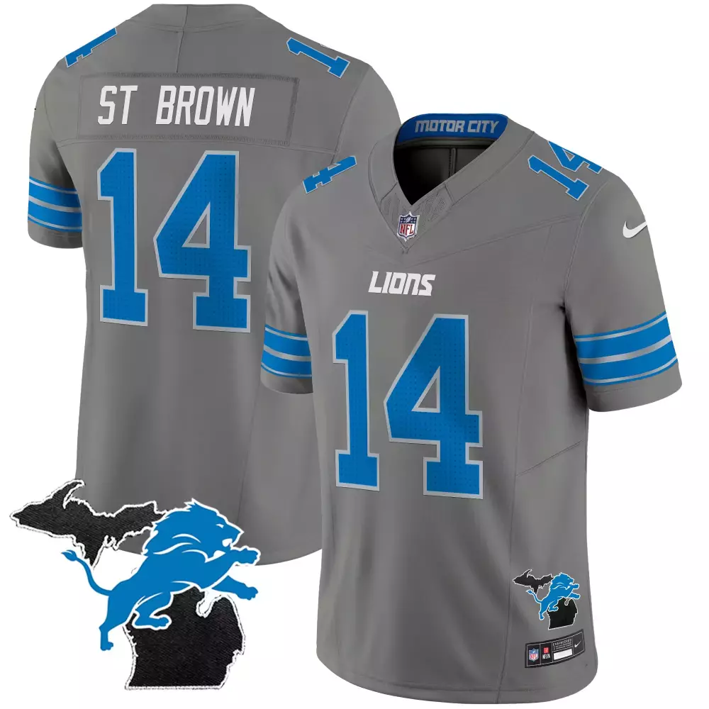 Amon-ra St. 14 Lions Jersey Gray Motor City Men Blue White All Stitched Vapor