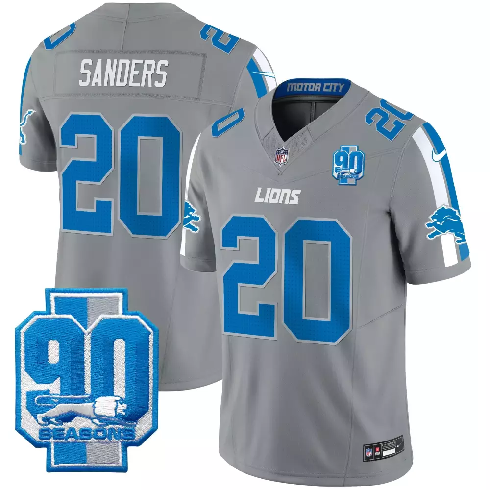 Barry Sanders 20 Lions Jersey Gray 90 Seasons Men Blue White All Stitched Vapor