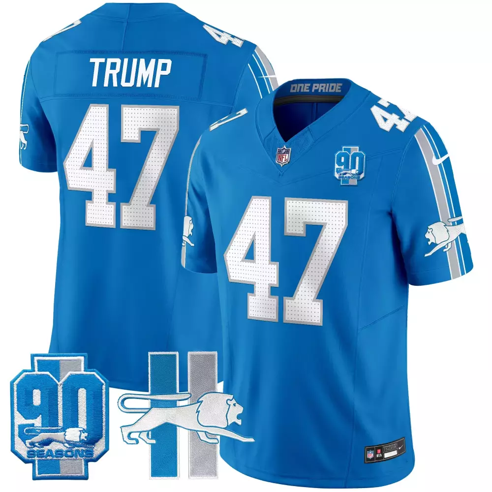 Donald Trump 47 Lions Jersey Blue 90 Seasons Men Replica Silver White Throwback Vapor