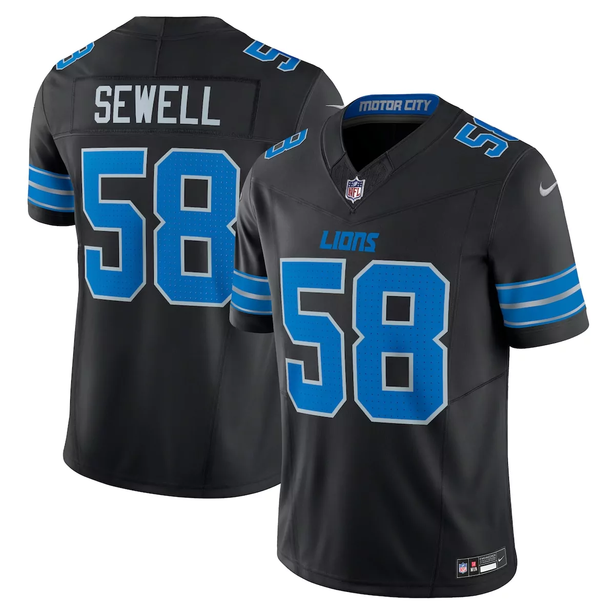 Penei Sewell 58 Lions Jersey Black Motor City Men Game Blue Silver Vapor Alternate