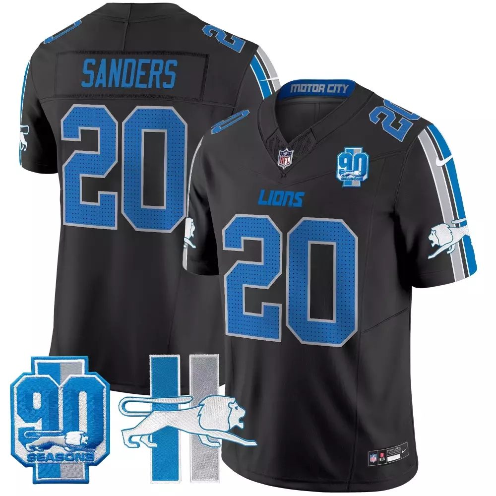 Barry Sanders 20 Lions Jersey Black 90 Seasons Men Replica Blue Silver Throwback