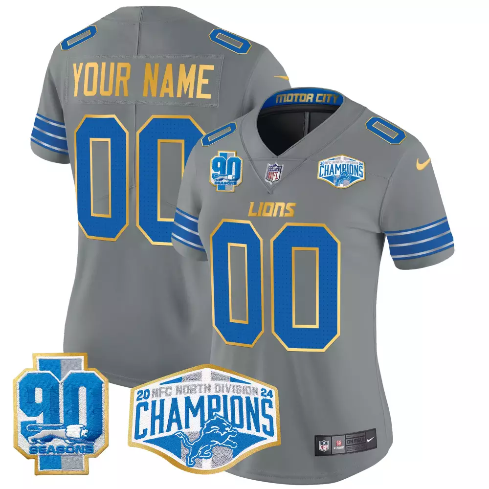 Custom Lions Jersey Gray NFC North Division Champions 90 Seasons 2024 Women Blue