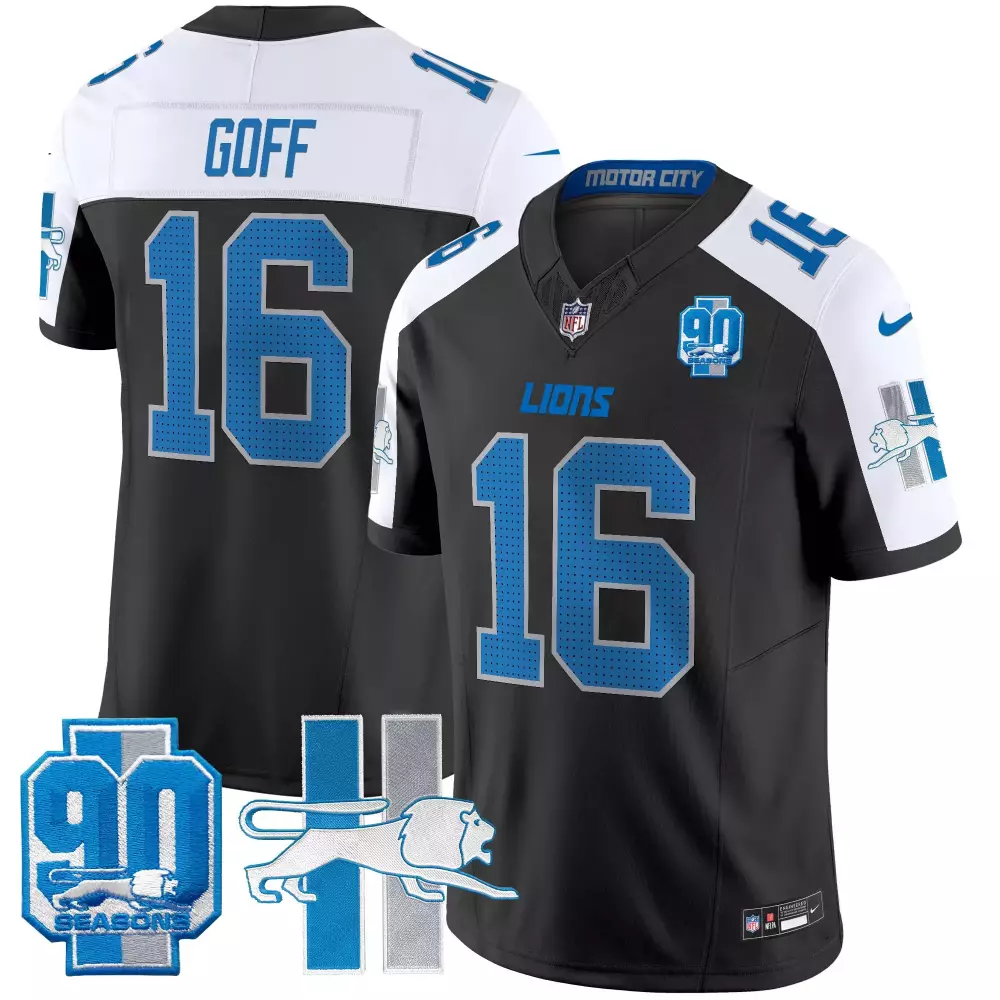 Jared Goff 16 Lions Jersey Black 90th Season 90 Seasons Men Replica White Blue Alternate