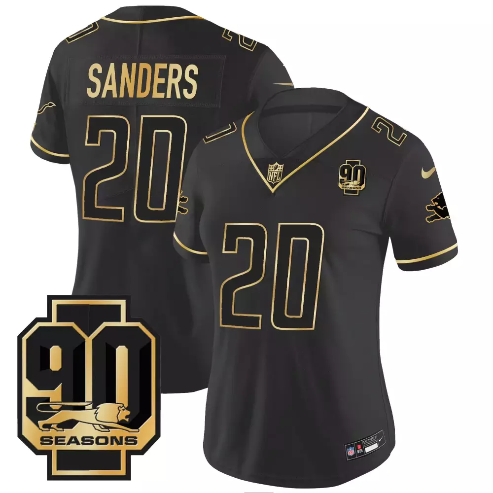 Barry Sanders 20 Detroit Lions Jersey Black 90 Seasons Men Gold All Stitched