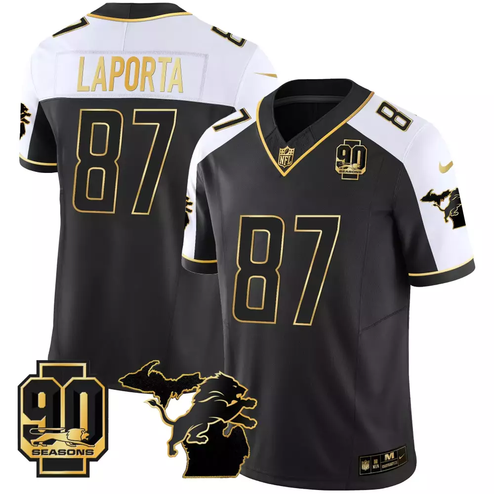 Sam Laporta 87 Detroit Lions Jersey Black 90th Season 90 Seasons Men White Gold Alternate