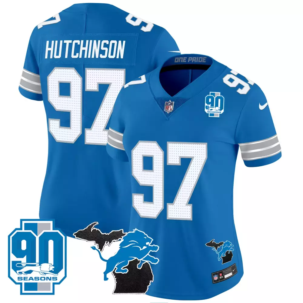 Hutchinson Year 97 Lions Jersey Blue 90th Season 90 Seasons Men Replica White Silver