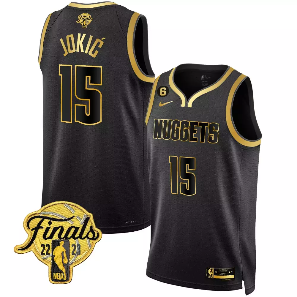 Nikola Jokic 15 Nuggets Jersey Black Finals 2022-2023 Men Standard Gold All Stitched